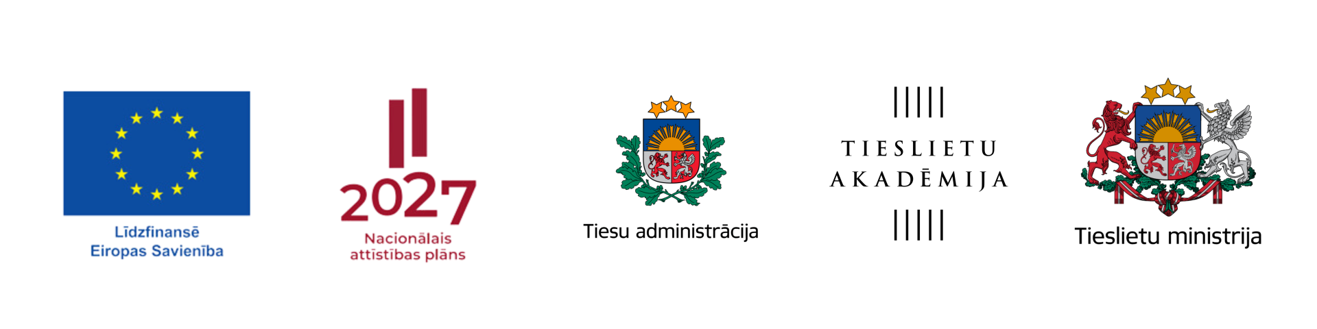 Attēlā redzami ES atveseļošanās fonda logo, Tiesu administrācijas logo un Tieslietu akadēmijas logo un Tieslietu minostrijas logo